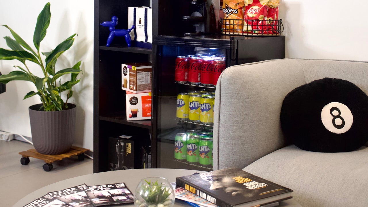 De lounge: een plant, een koelkast met drinken, de bank met het 8-ball kussen en tijdschriften